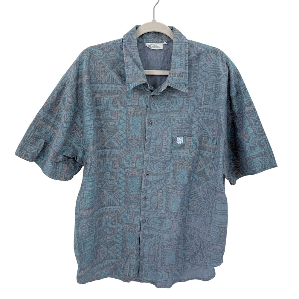 Vintage Quiksilver Mens Large Tribal Geometric Print Short Sleeve Button Down